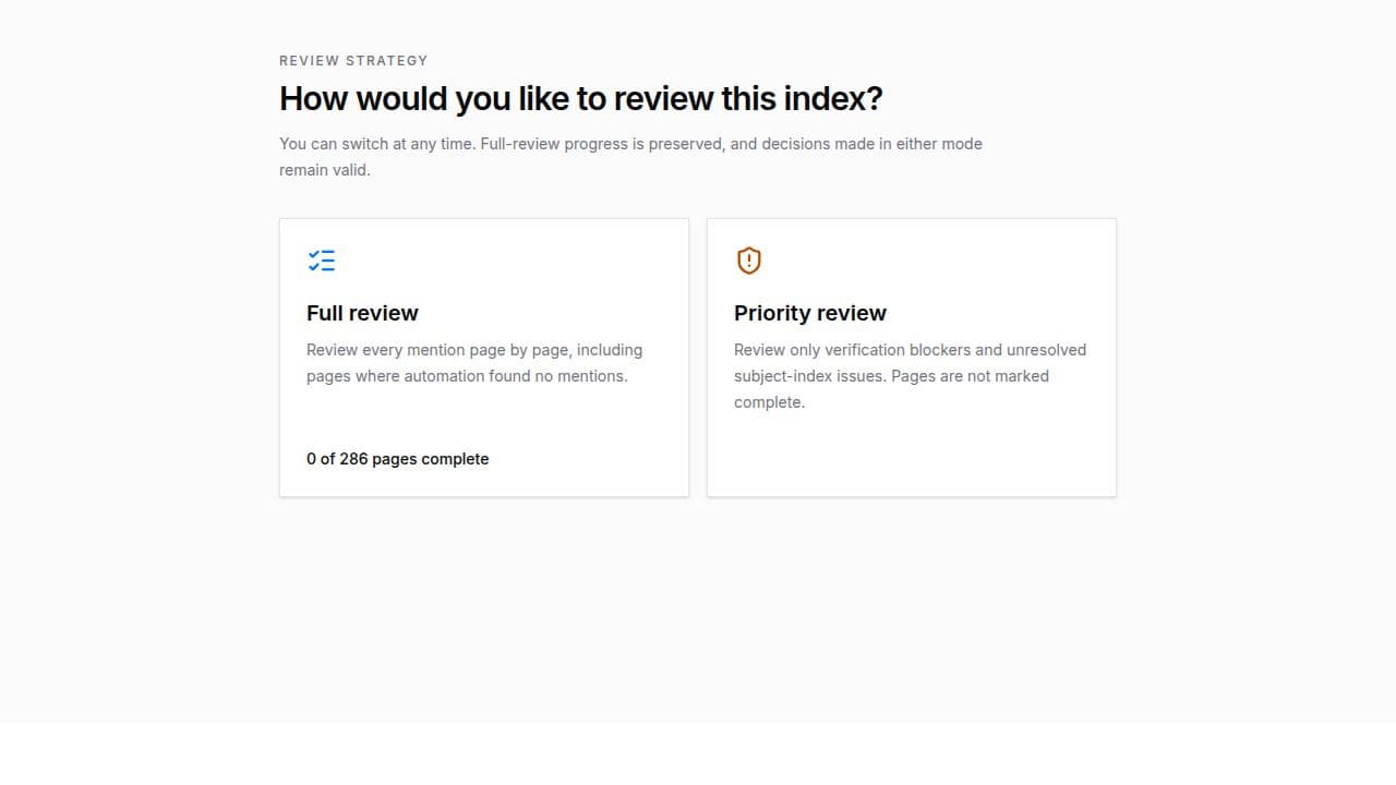 Publication Intelligence review strategy chooser with Full review and Priority review presented as two selectable options.