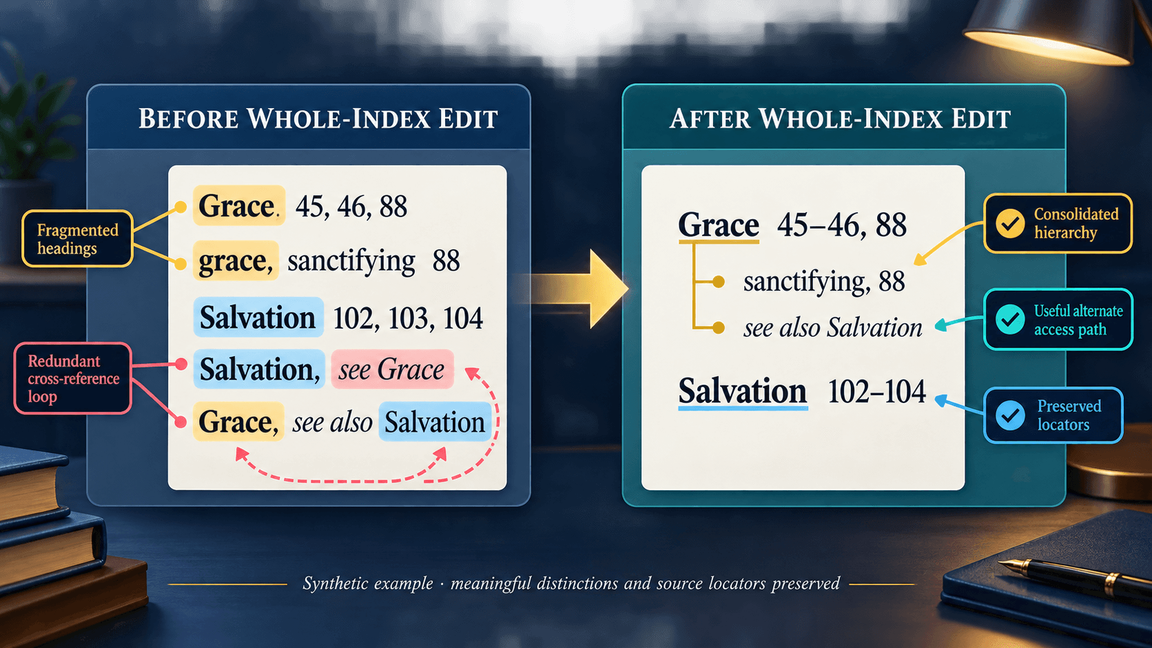 Synthetic before-and-after subject index showing fragmented Grace and Salvation headings reorganized into a coherent hierarchy with preserved locators and one useful cross-reference.