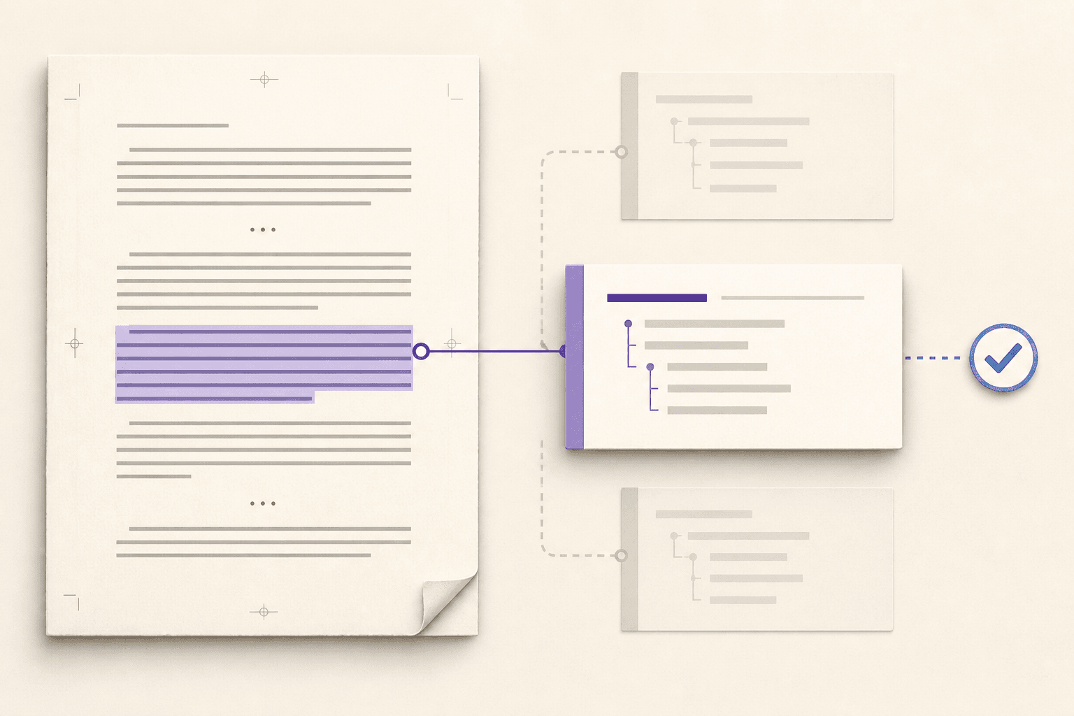 A highlighted passage on a synthetic page connects to one emphasized index card; two other cards are faded.