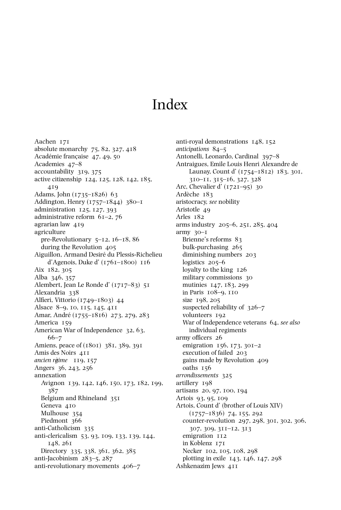 First page of the published index, beginning with Aachen and anti-royal demonstrations