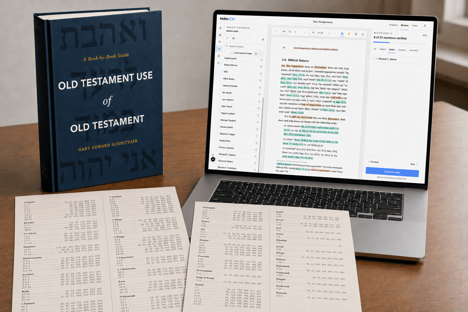 Old Testament Use of Old Testament beside pages from its indexes and a laptop displaying Publication Intelligence.