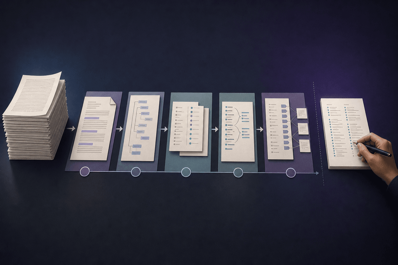 A stack of book proofs passes through connected analysis panels before a person marks up an index draft.
